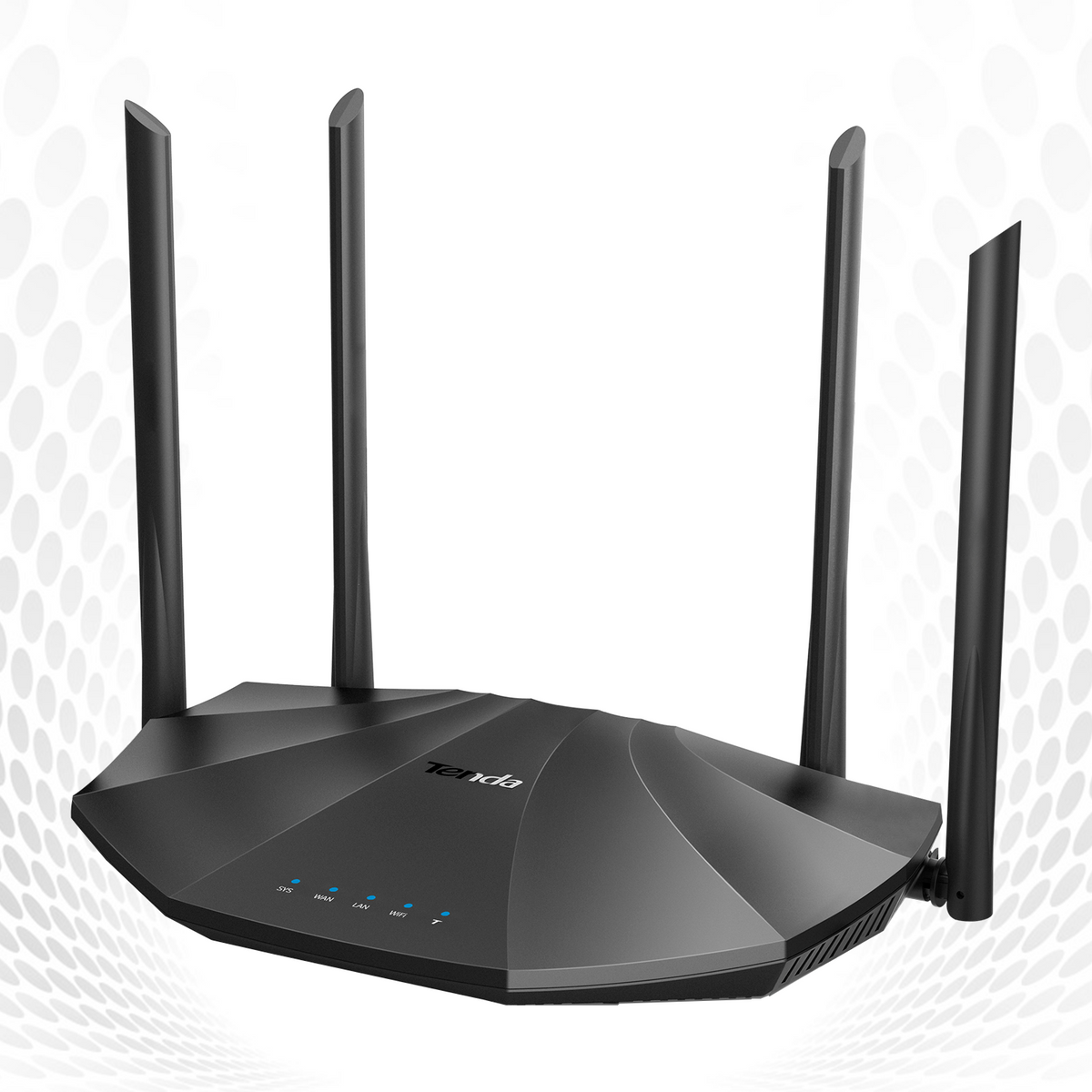 Router Tenda nero con antenne. Quattro antenne visibili. Il router ha spie luminose.