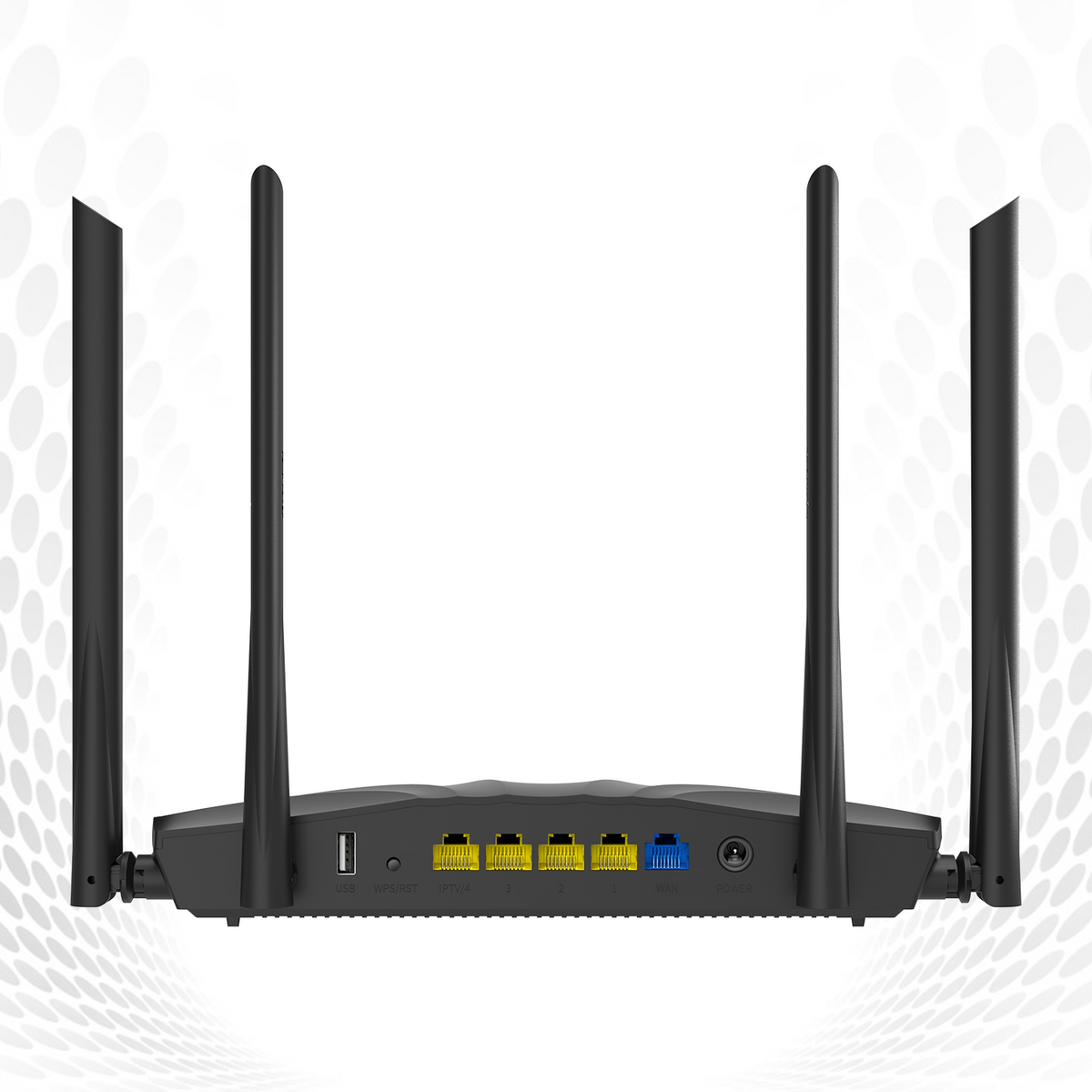 Router nero con antenne. Vista posteriore con porte. Sfondo bianco.