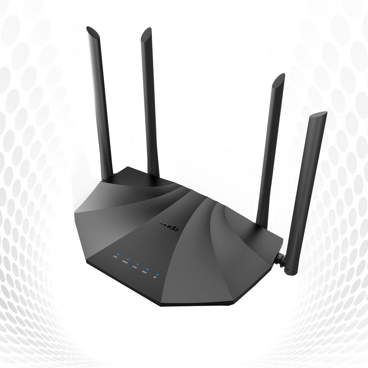 Un router Wi-Fi Tenda nero con quattro antenne, su sfondo chiaro.