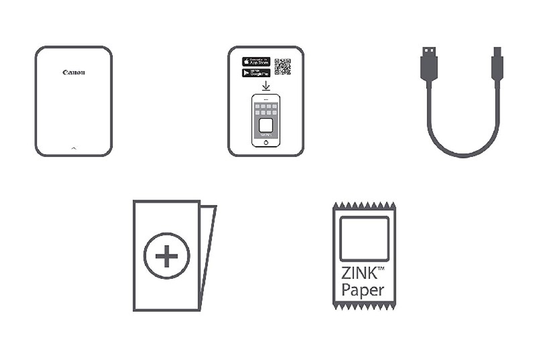 Rysunki liniowe drukarki Canon, telefonu z kodem QR, kabla USB, broszury i opakowania papieru ZINK.