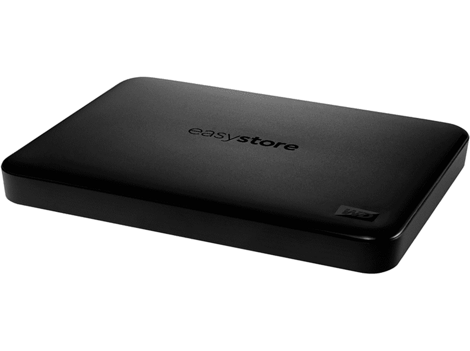 Czarny zewnętrzny dysk twardy WD easystore na czarnym tle.