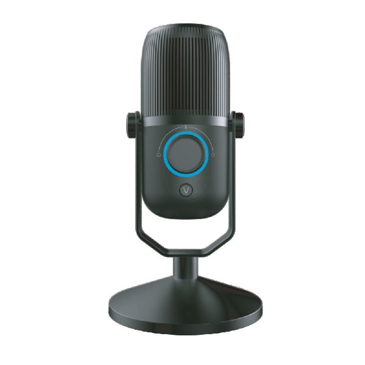 Micrófono negro con soporte. Tiene un dial azul y una base redonda.