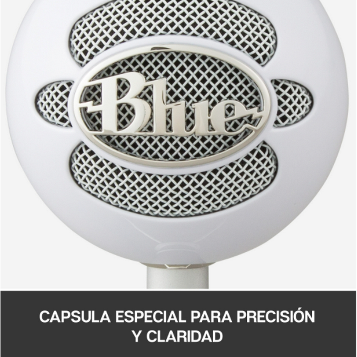 Biały mikrofon ze srebrną kratką i napisem 'Blue'.