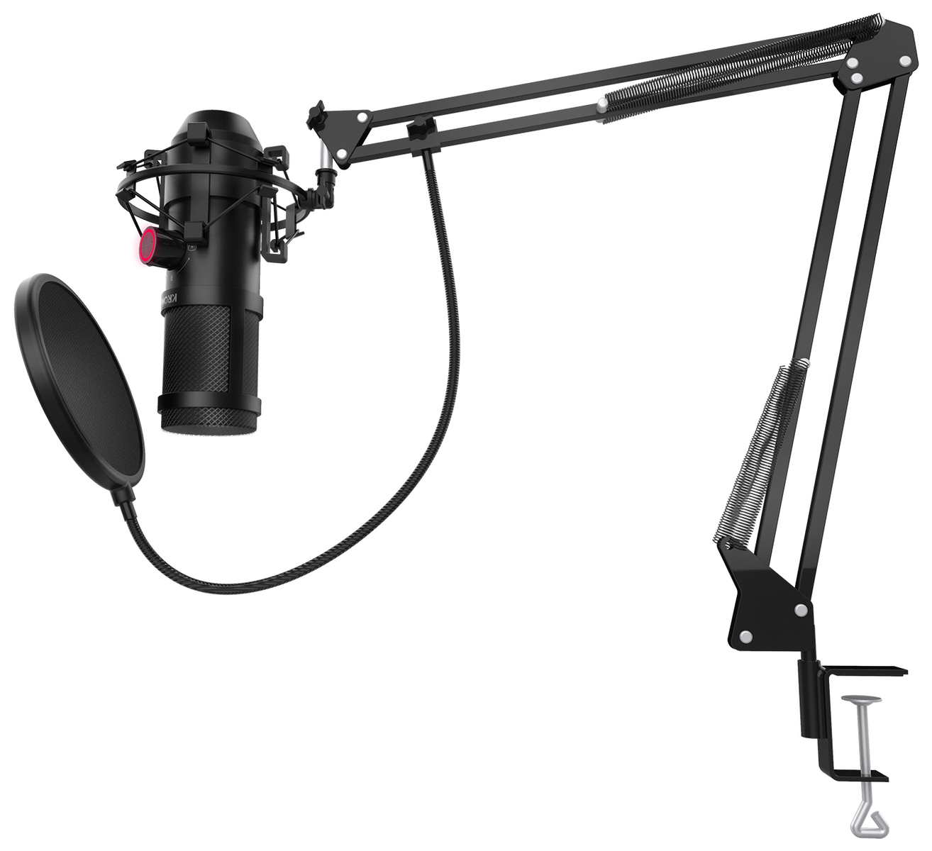 Czarny mikrofon na statywie, z filtrem pop i regulowanym ramieniem.