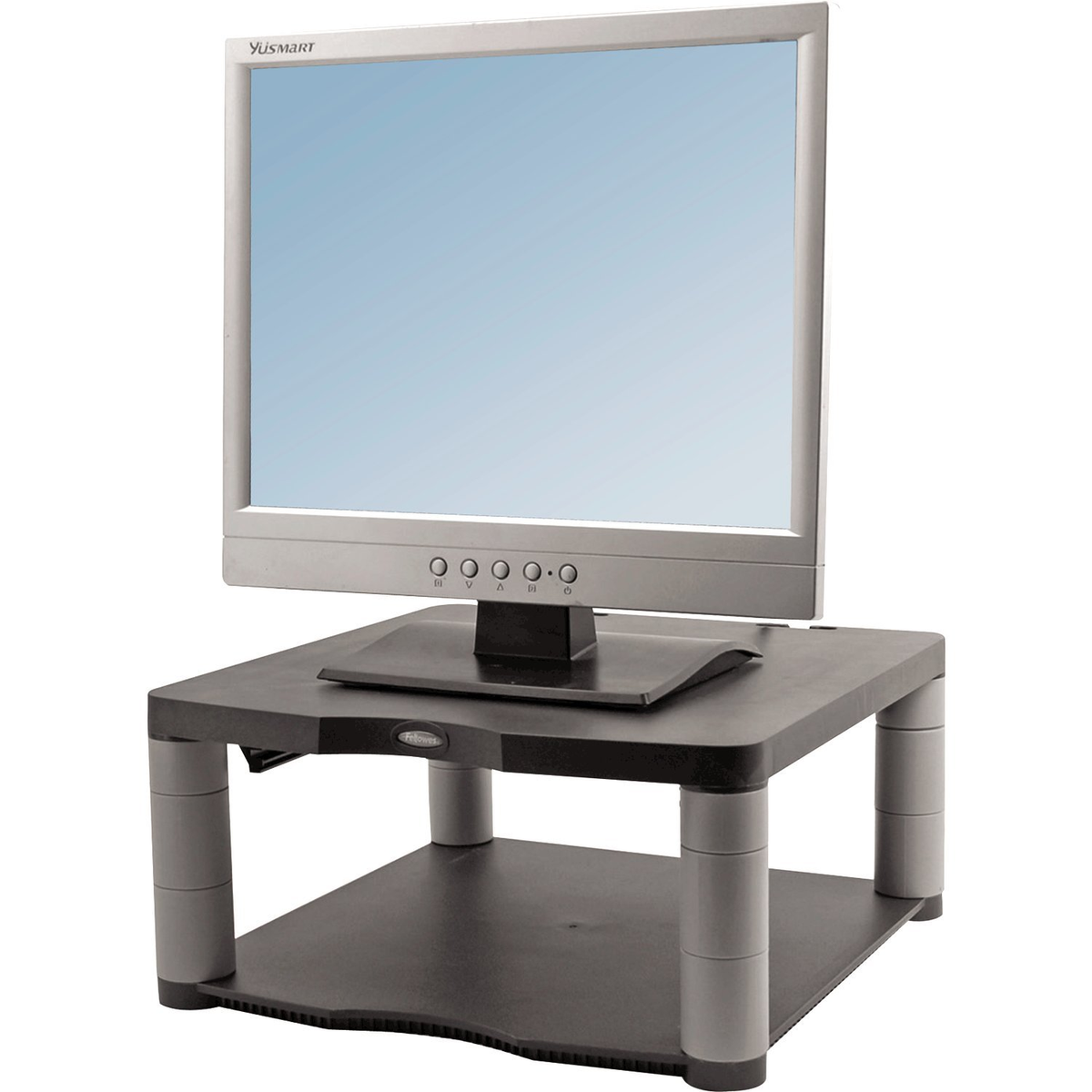 Monitor komputerowy na stojaku. Stojak jest czarno-szary.