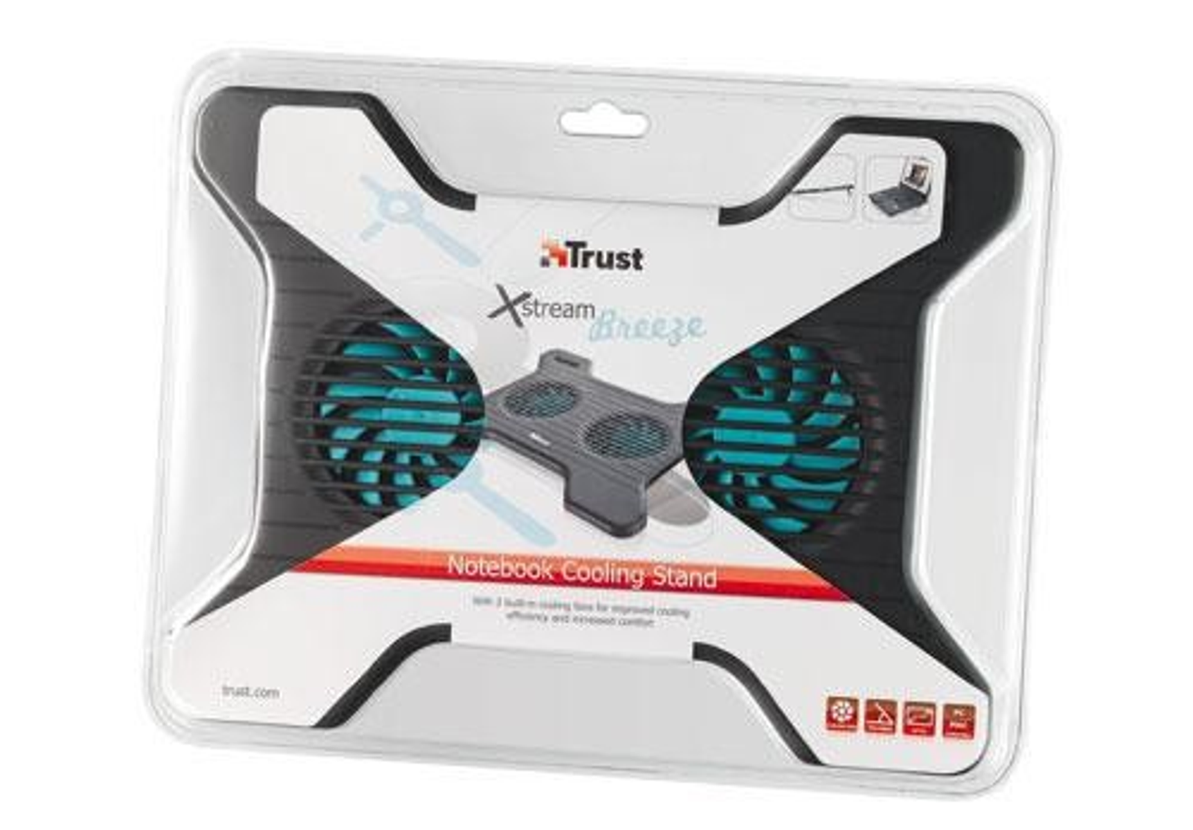 Supporto di raffreddamento per laptop in una confezione. Ha due ventole, nere e blu, e un supporto centrale.