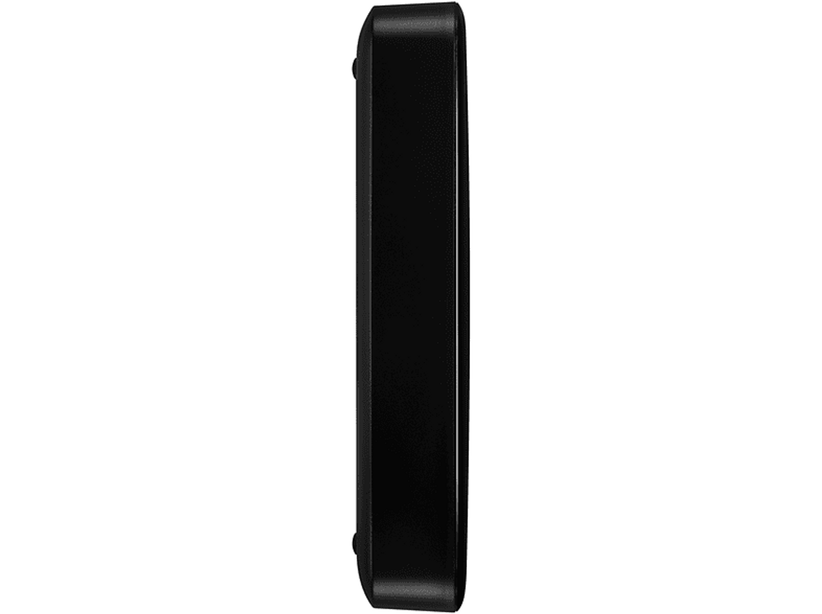 Czarny zewnętrzny dysk twardy jest pokazany z boku, na czarnym tle.