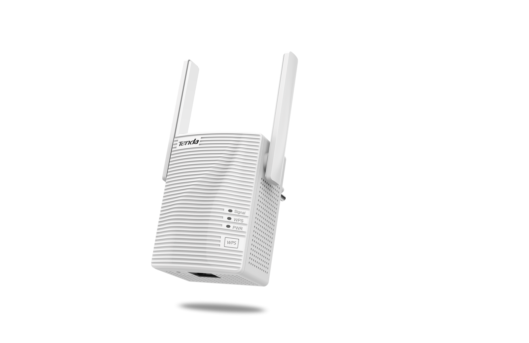 Extensor WiFi Tenda blanco con dos antenas, contra un fondo negro.