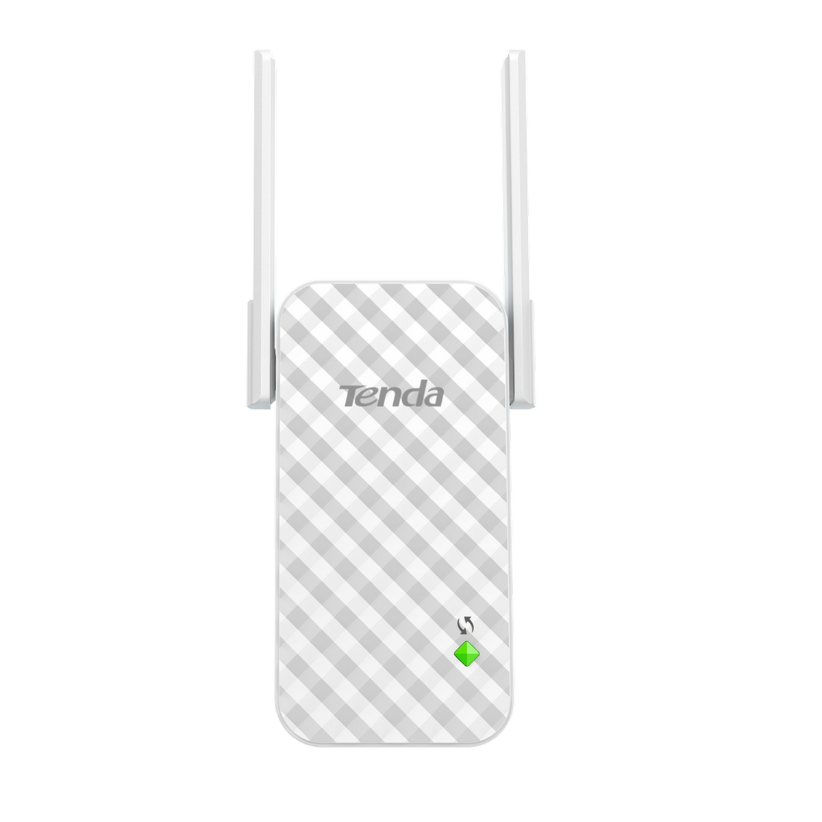 Extensor WiFi Tenda blanco con dos antenas. Tiene un diseño de patrón de cuadrícula y un LED verde.