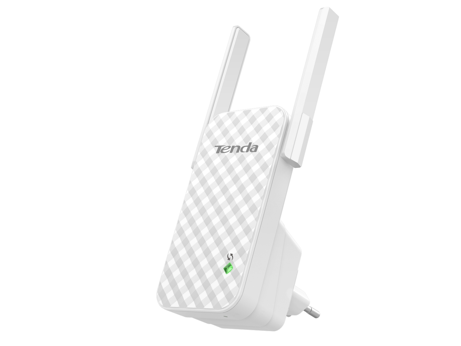 Extensor WiFi Tenda blanco con dos antenas y una luz verde, contra un fondo blanco.