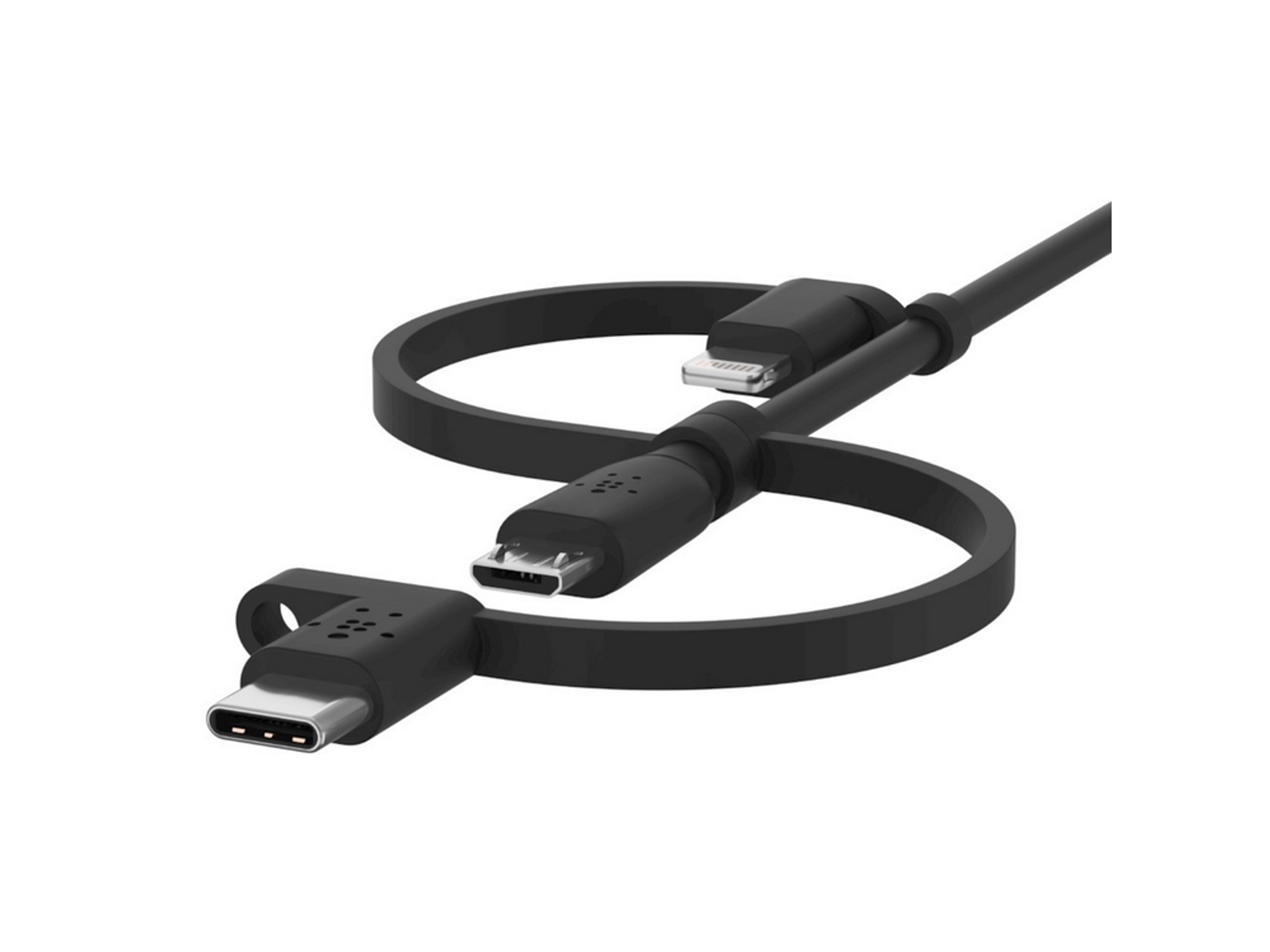 Beyaz zemin üzerinde siyah çoklu konnektör şarj kablosu. USB-C, Micro-USB ve Lightning konnektörleri içerir.
