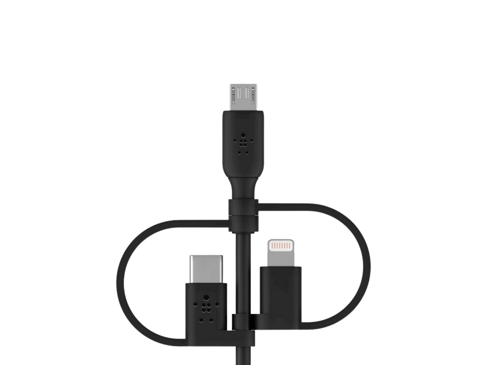 USB-C, Lightning ve Micro-USB konektörlü siyah Belkin çoklu konektör kablosu.