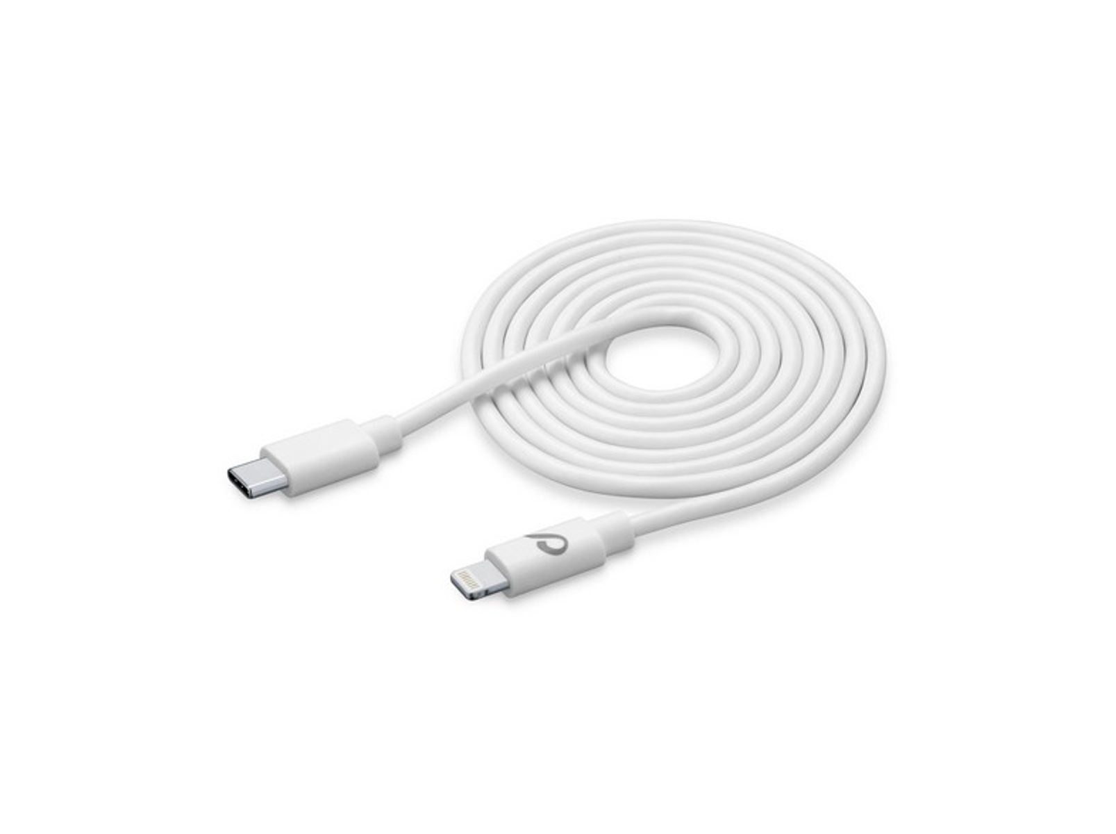 Weißes Ladekabel in Spiralform, mit zwei Steckern. Isoliert auf weißem Hintergrund.