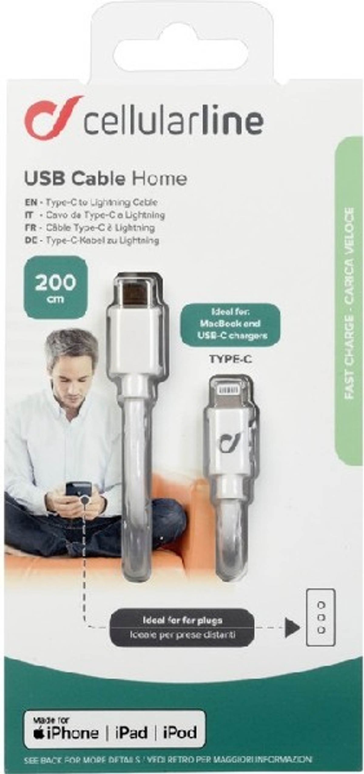 Verpackung mit USB-Kabel, zeigt einen Mann, der ein Telefon benutzt.