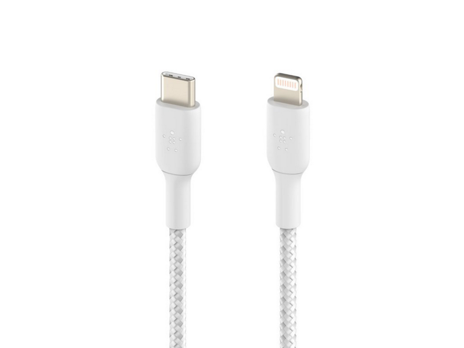 Due cavi di ricarica bianchi, uno USB-C, uno Lightning. Entrambi hanno cavi intrecciati bianchi e connettori bianchi.