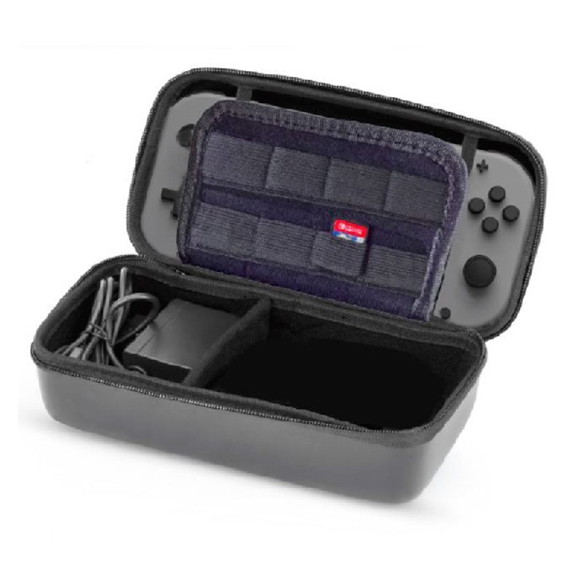 Una funda gris de Switch, abierta, con una consola Switch y un compartimento.