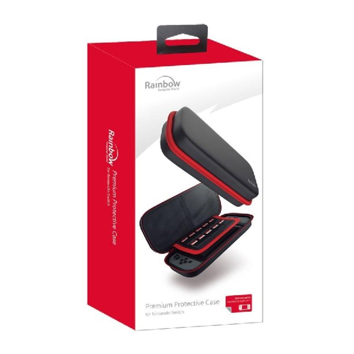 Funda roja y negra para Nintendo Switch en caja. Muestra la funda con la consola dentro.