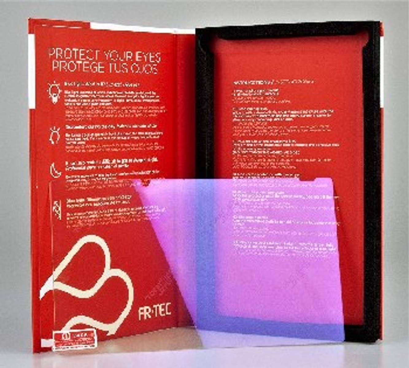 Embalaje de protector de pantalla rojo y negro, con un protector de pantalla dentro.