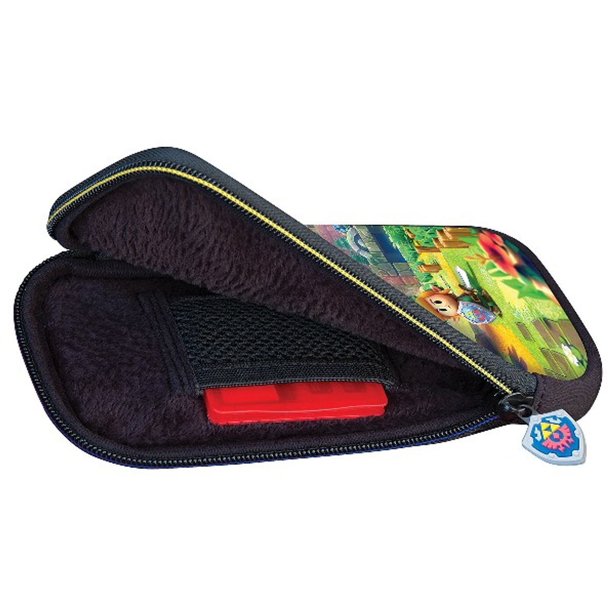 Estuche abierto con cartucho de juego e imagen. El estuche es negro y tiene cremallera.