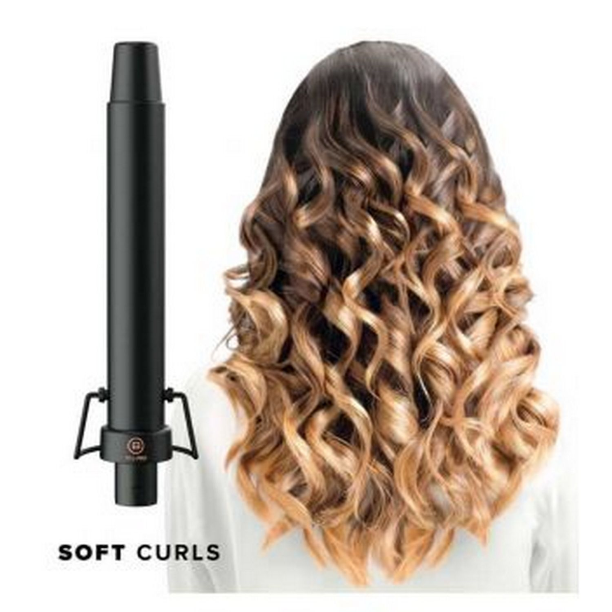 Arricciacapelli accanto a capelli con riccioli morbidi. Testo: 'SOFT CURLS'.