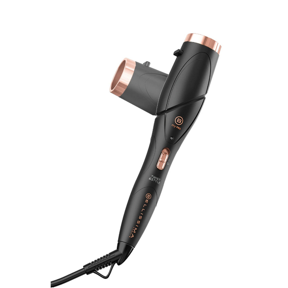 Czarna i różowo-złota lokówka. Lokówka ma uchwyt, przycisk i część do kręcenia.