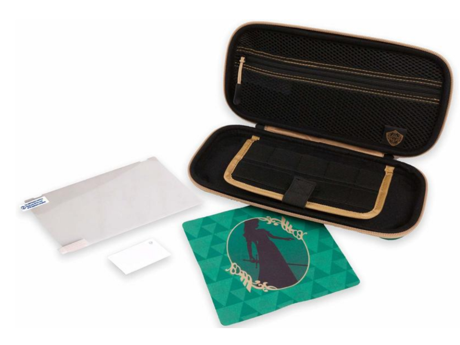 Estuche de transporte Nintendo Switch abierto con accesorios: protector de pantalla y paño.