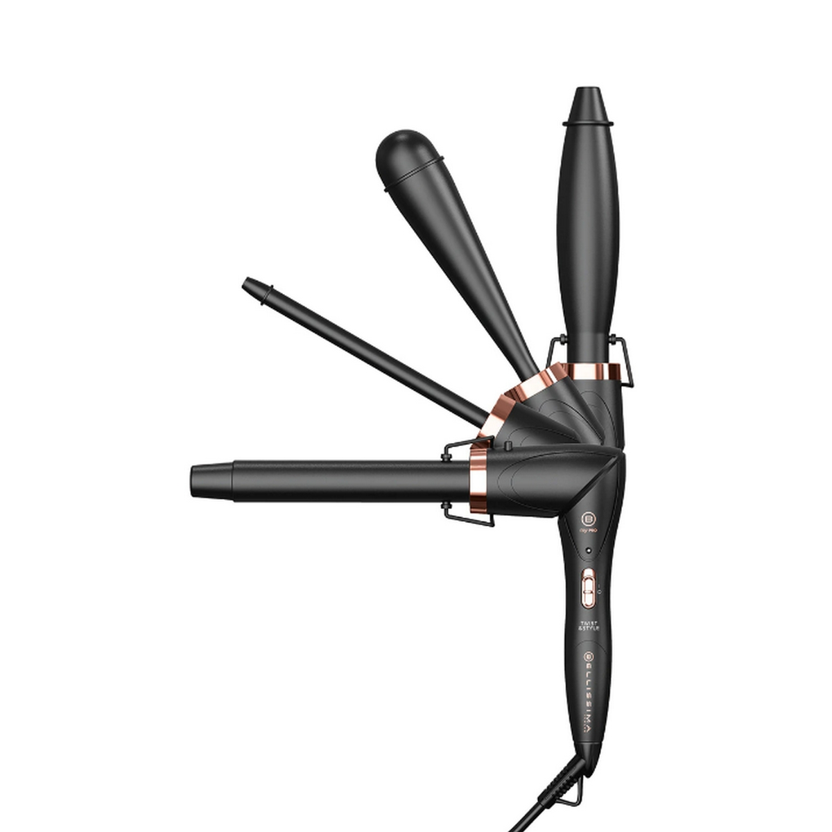 Czarna lokówka do włosów z wieloma lufami i różowo-złotymi akcentami.