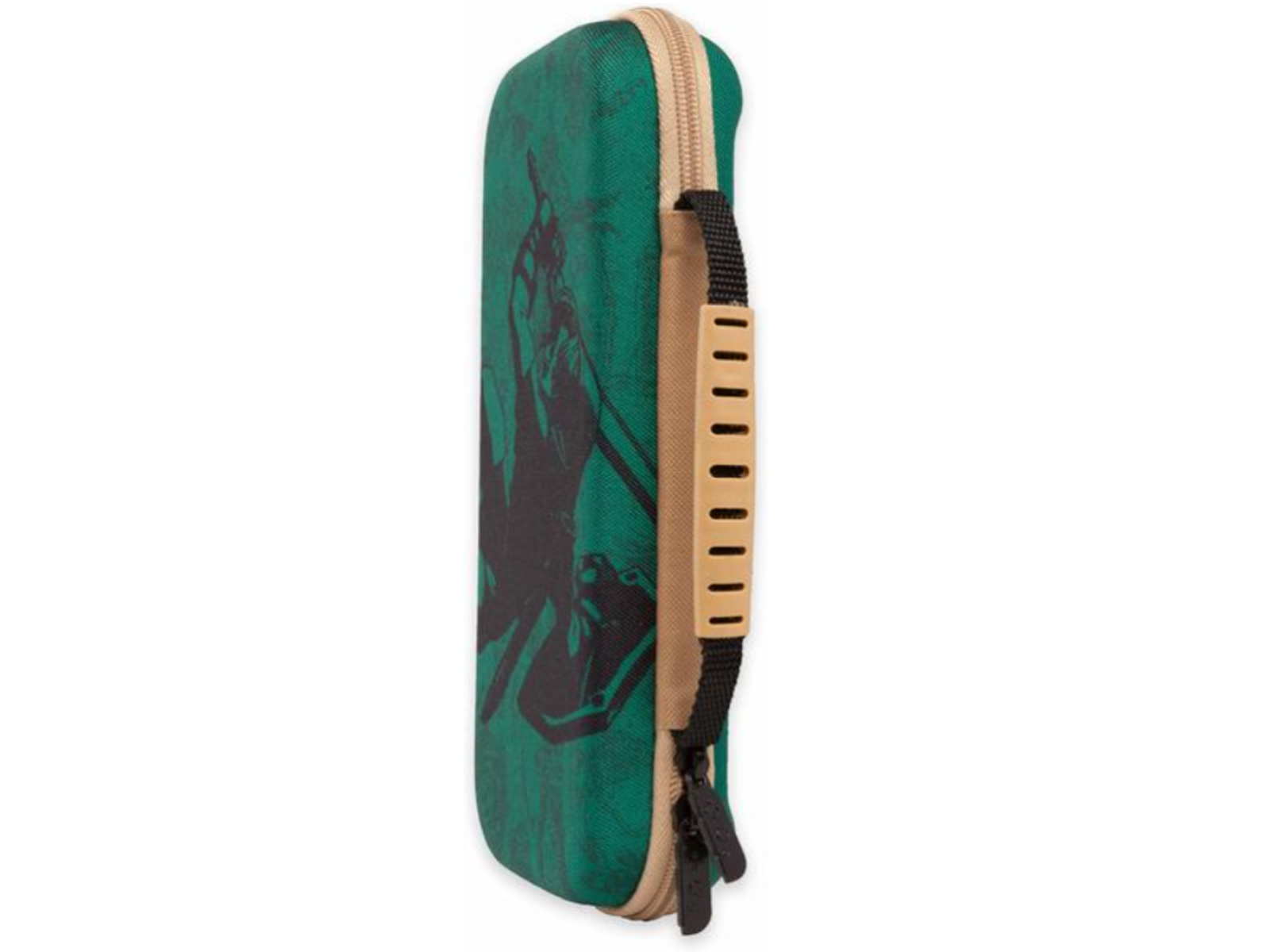 Un estuche verde y beige con una imagen estilizada y un asa.