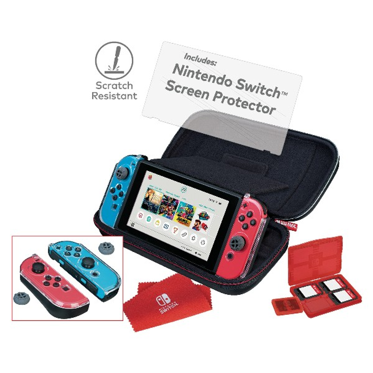 Nintendo Switch en un estuche con protector de pantalla y accesorios: paño rojo, mandos extra y funda de juegos.