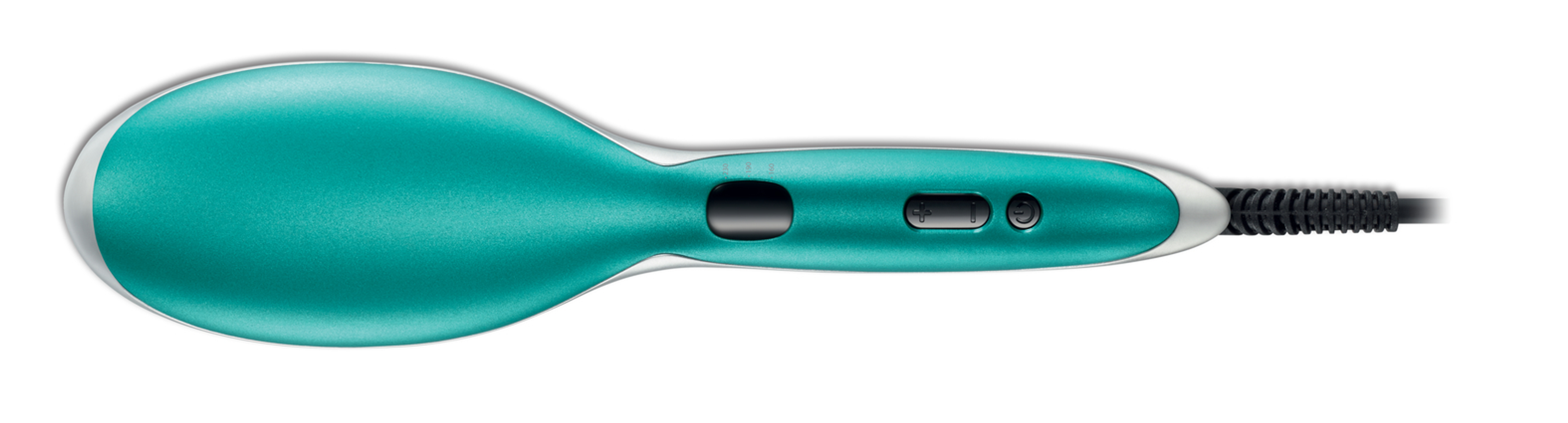 A teal hair straightening brush with a black cord.