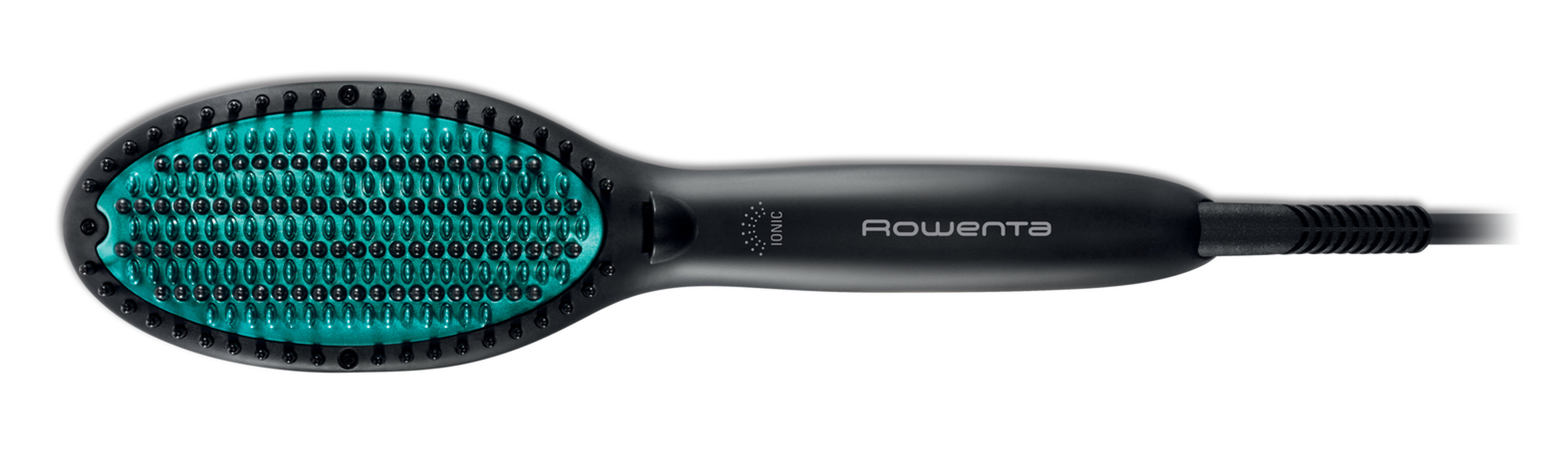Black hair straightening brush with teal bristles. Rowenta logo is visible. White background.