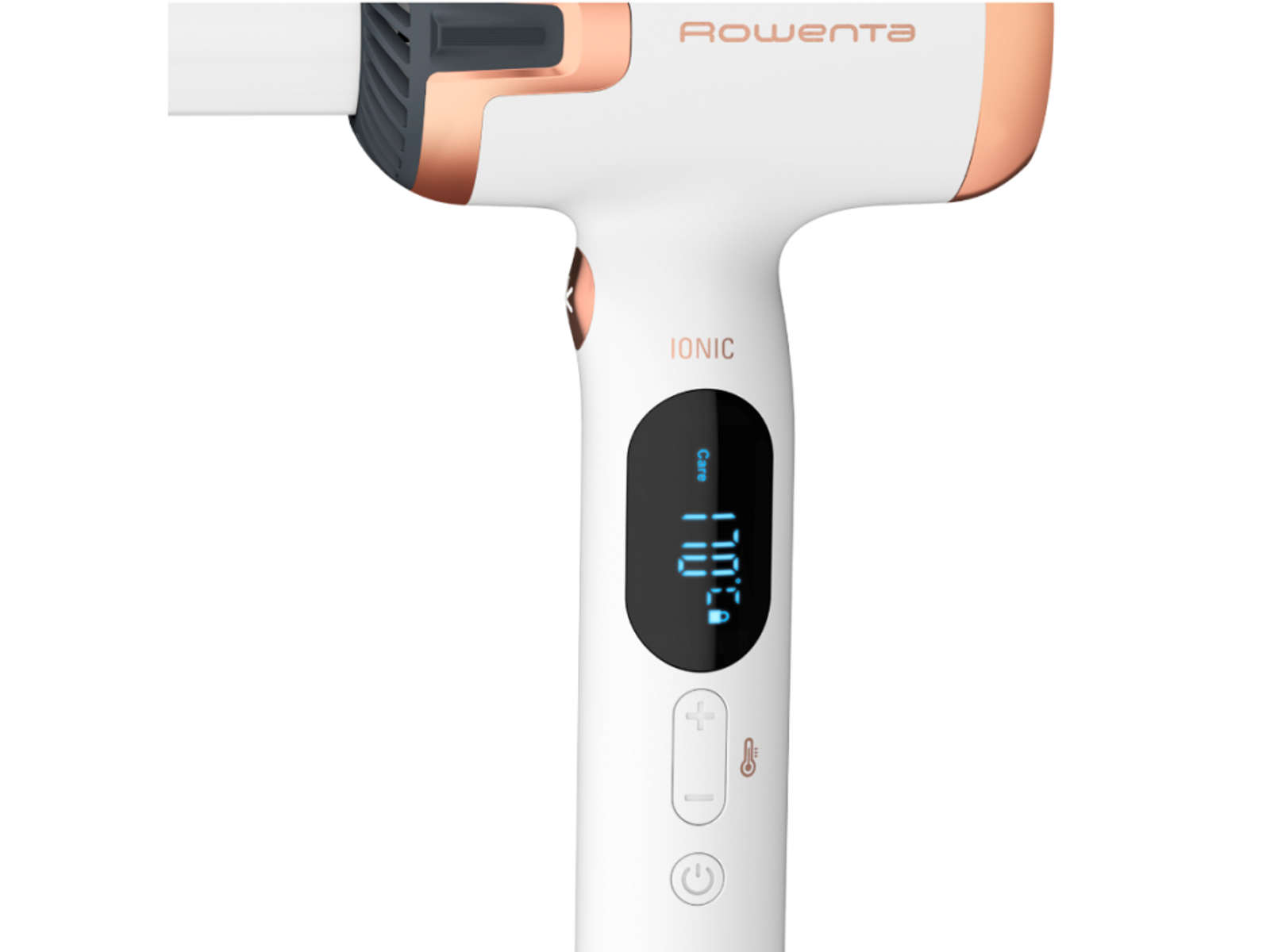 Biała i różowo-złota lokówka z cyfrowym wyświetlaczem i przyciskami.