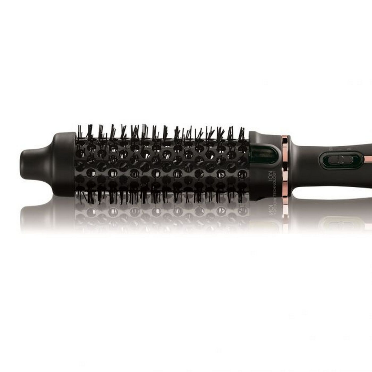 Cepillo de pelo negro con cerdas negras y detalles en oro rosa.