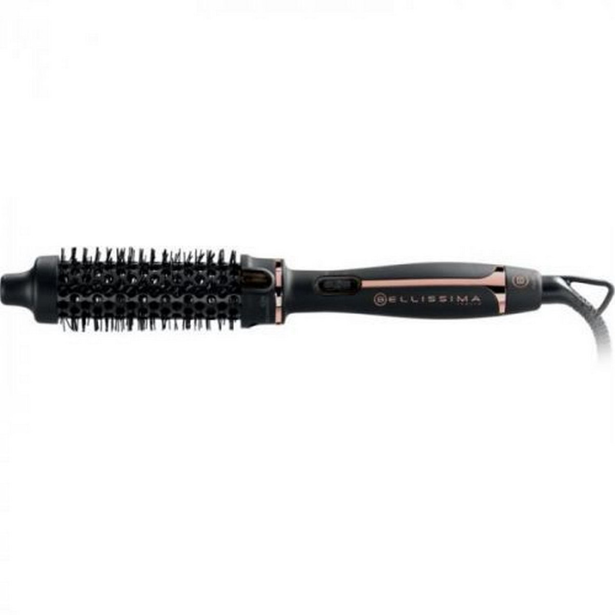 Cepillo de pelo negro con cerdas negras y detalles en oro rosa. Es un producto de belleza.