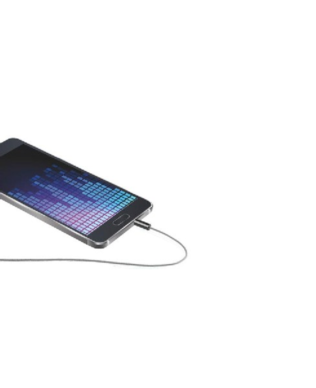Telefono nero con onda sonora sullo schermo, collegato a un cavo.