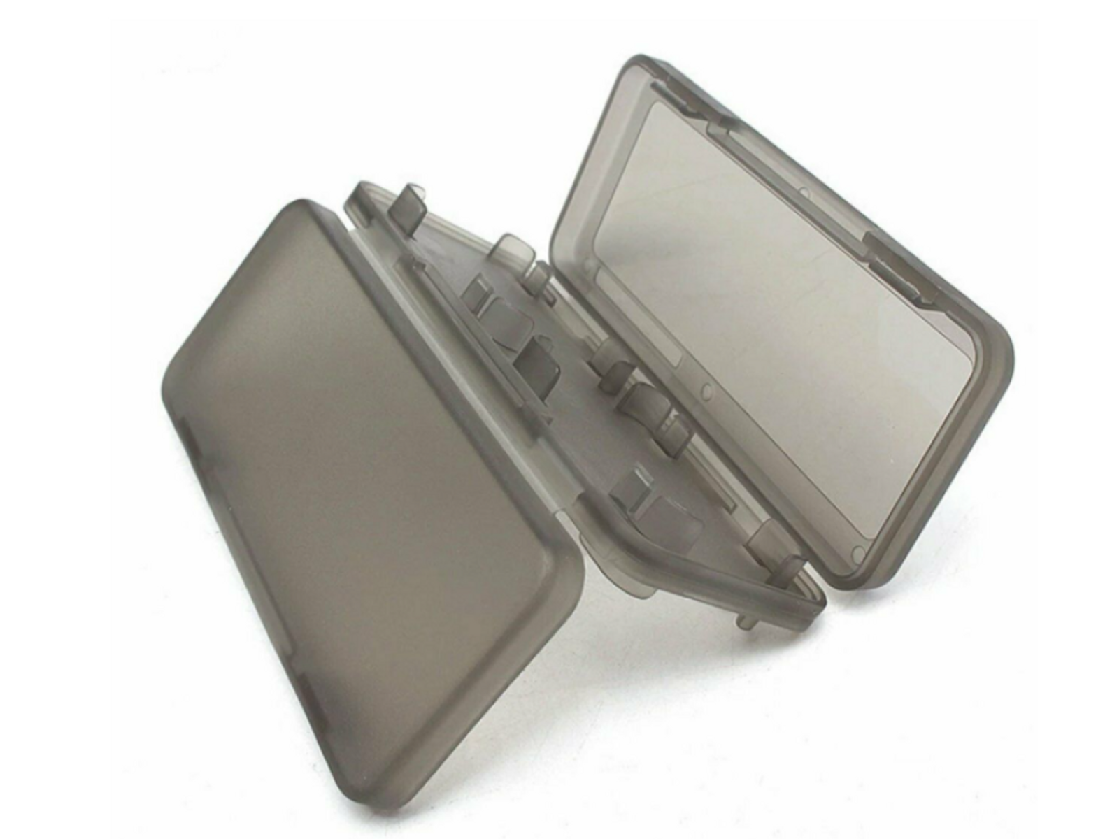 Una funda de plástico transparente y abierta para cartuchos de juego.