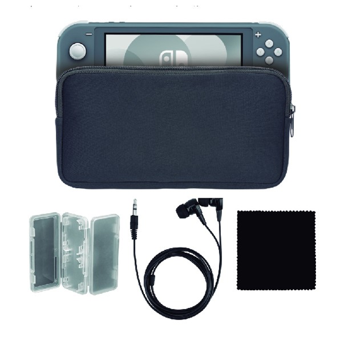 Nintendo Switch Lite gris con accesorios, incluyendo fundas y auriculares.