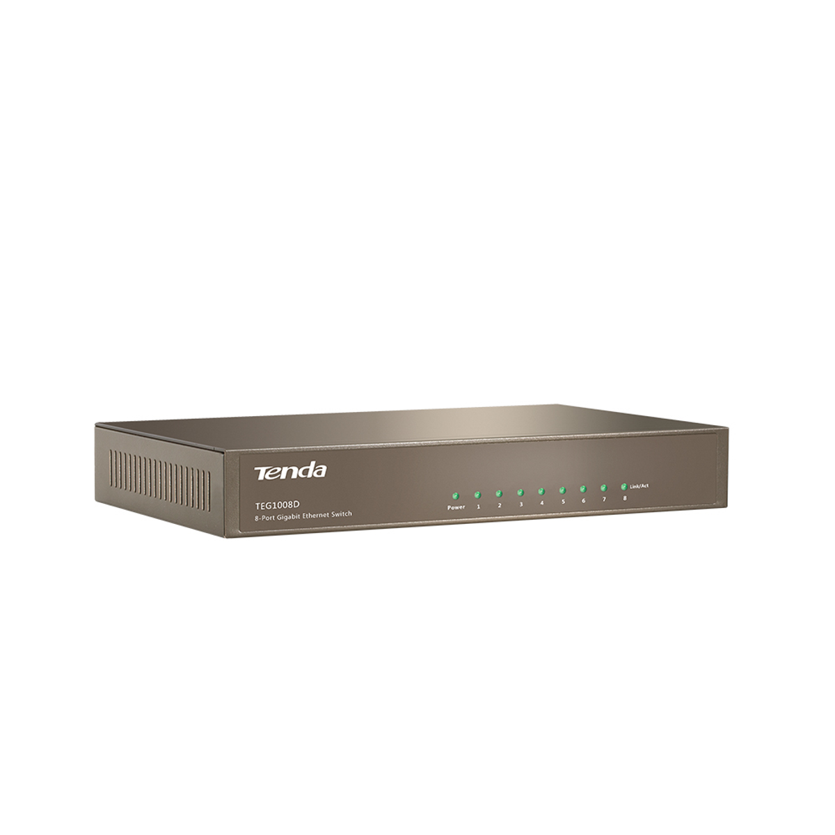 Uno switch Ethernet Gigabit a 8 porte Tenda nero. Sfondo bianco.