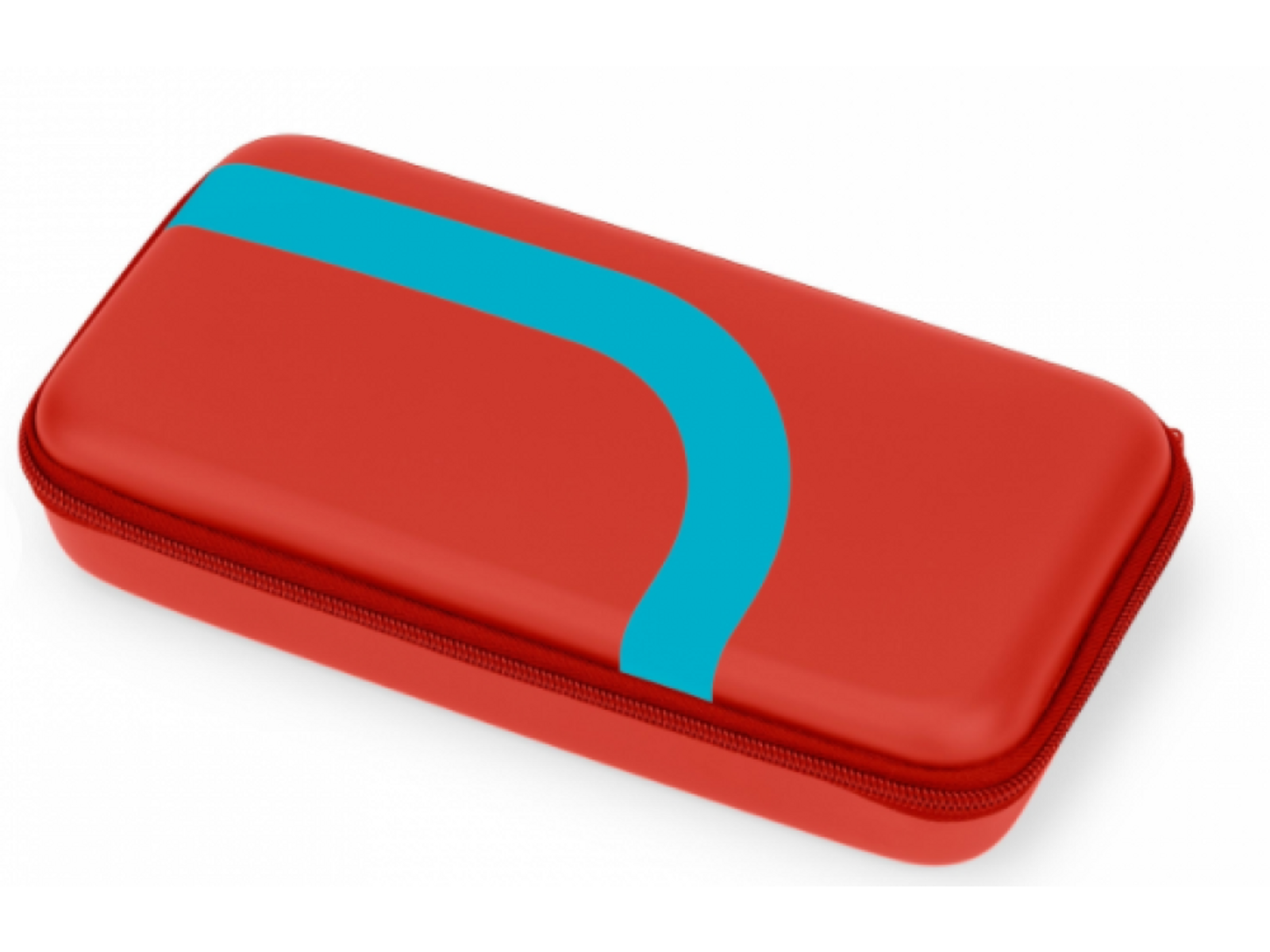 Estuche rojo con una franja azul curvada. Con cremallera, rectangular. Fondo blanco.