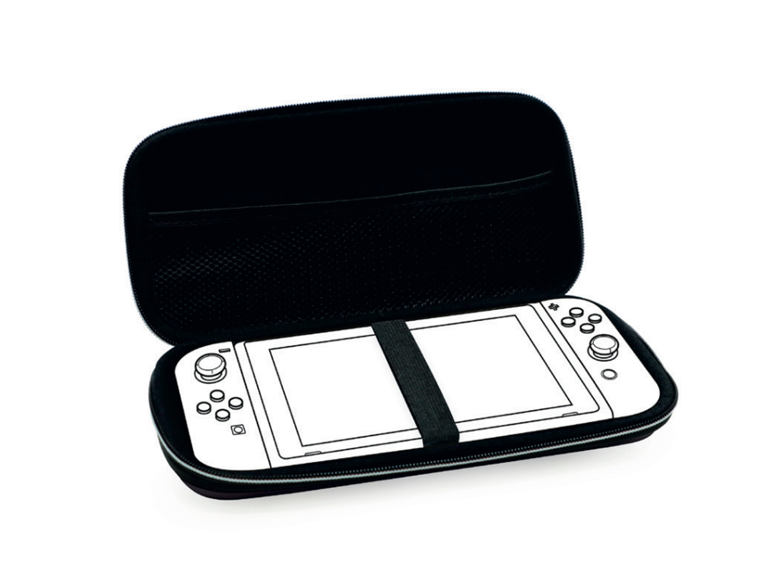 Funda negra abierta, mostrando consola de juegos blanca.