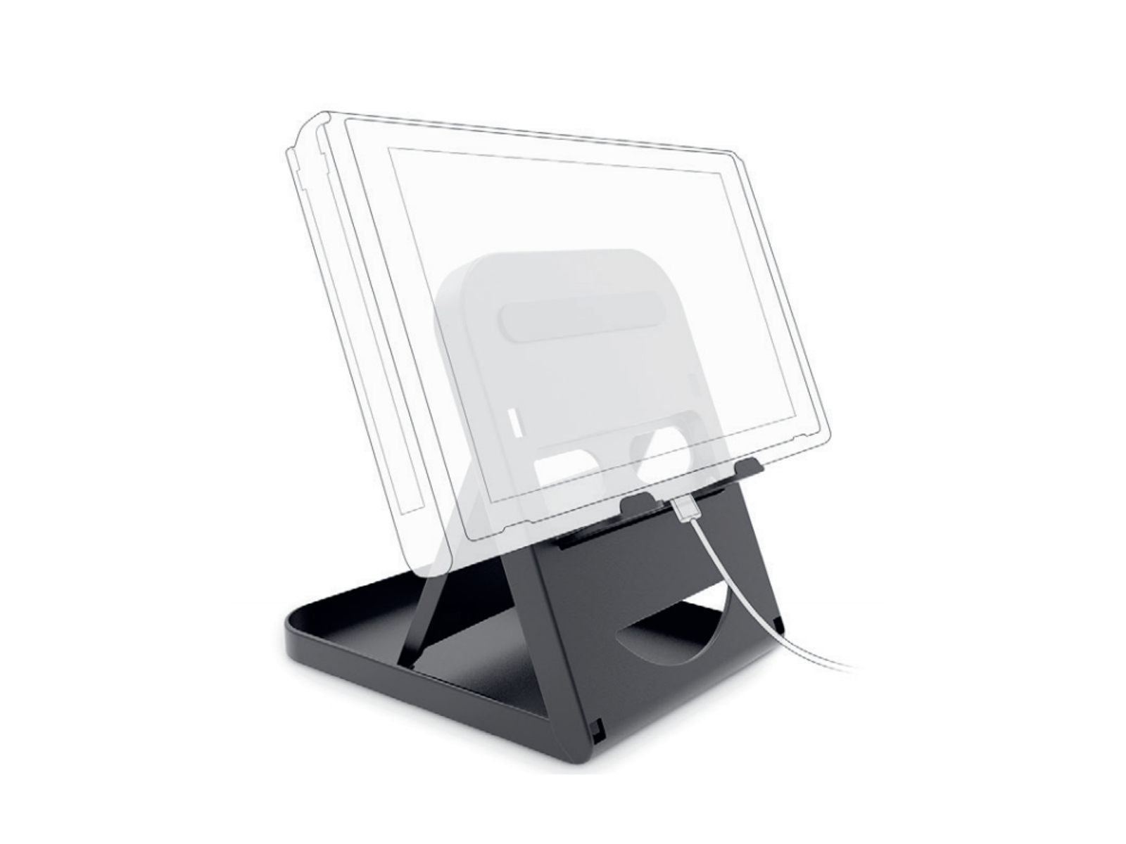 Soporte negro para tablet con tablet y cable de carga blanco sobre fondo blanco.