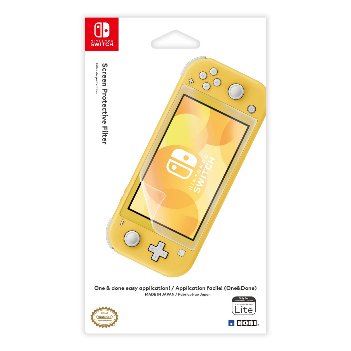 Nintendo Switch Lite amarillo en un paquete protector de pantalla, dispositivo visible, fondo blanco.