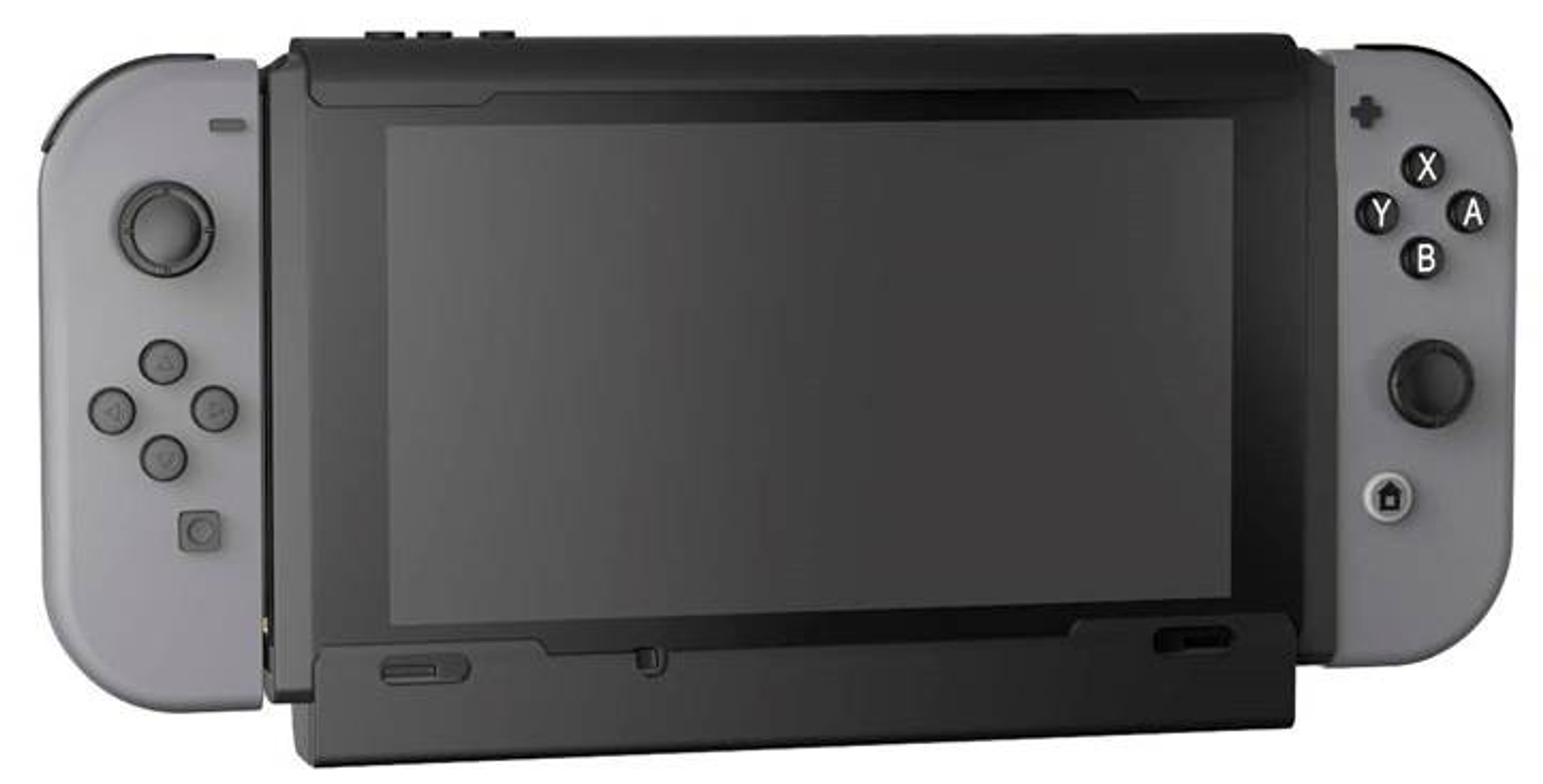 Una consola Nintendo Switch gris. La pantalla es negra. Dos mandos grises están adjuntos a los lados.