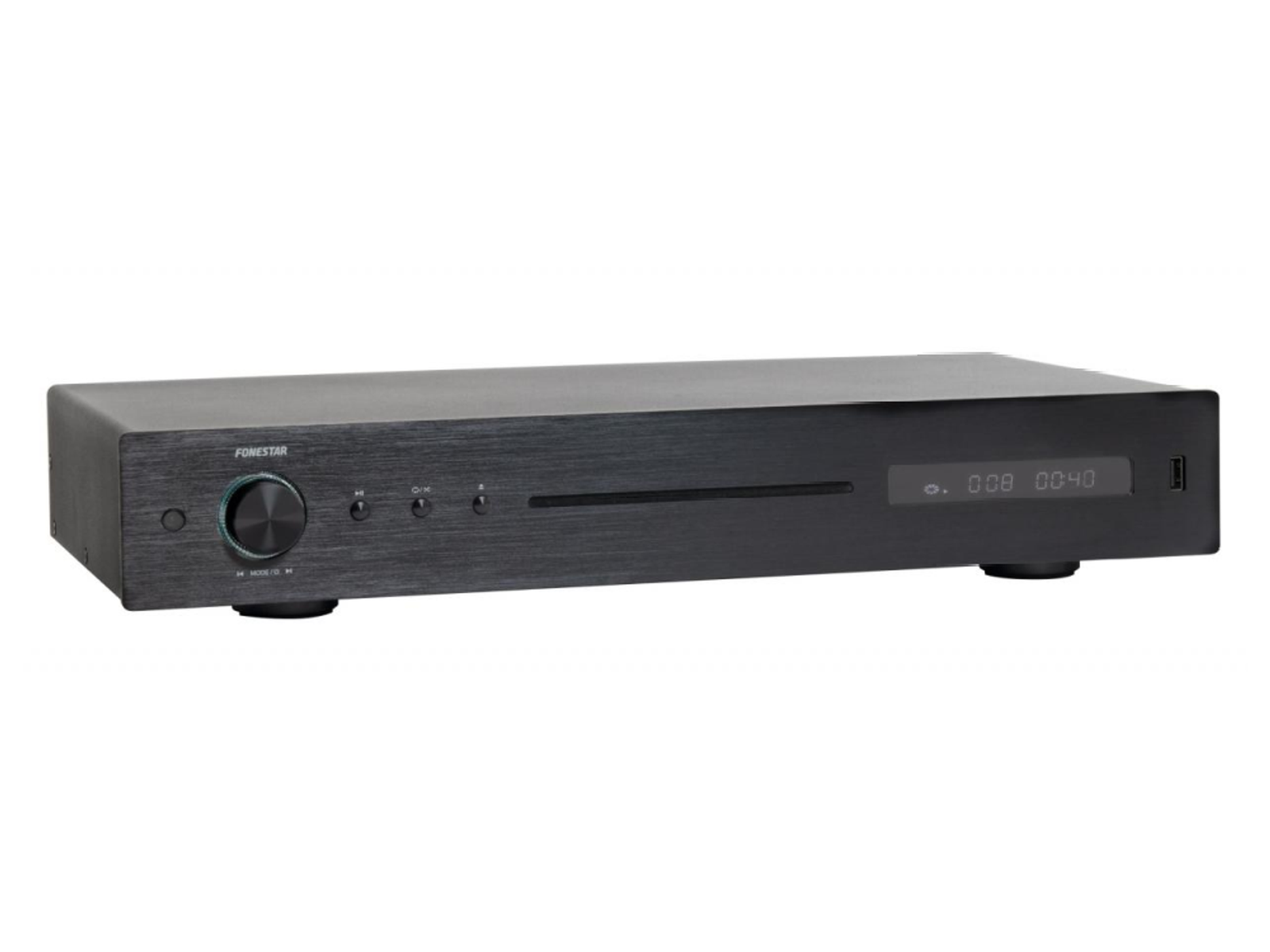 Un dispositivo de audio FoneStar negro con perilla y pantalla.