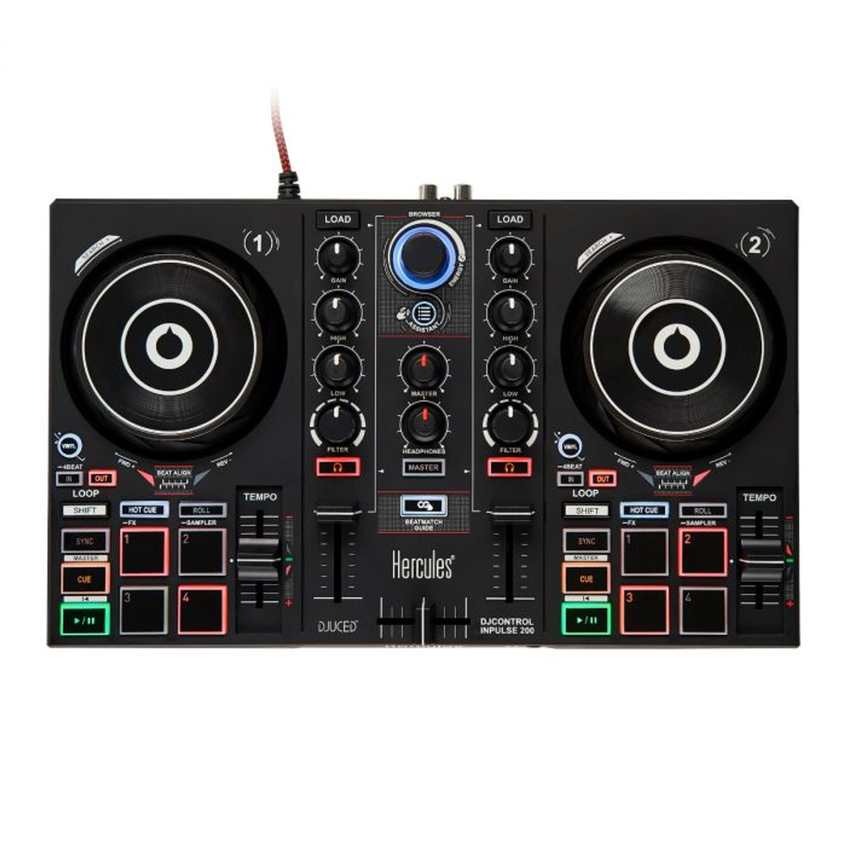 Un controlador DJ Hercules DJControl Impulse 200 negro con perillas y deslizadores.
