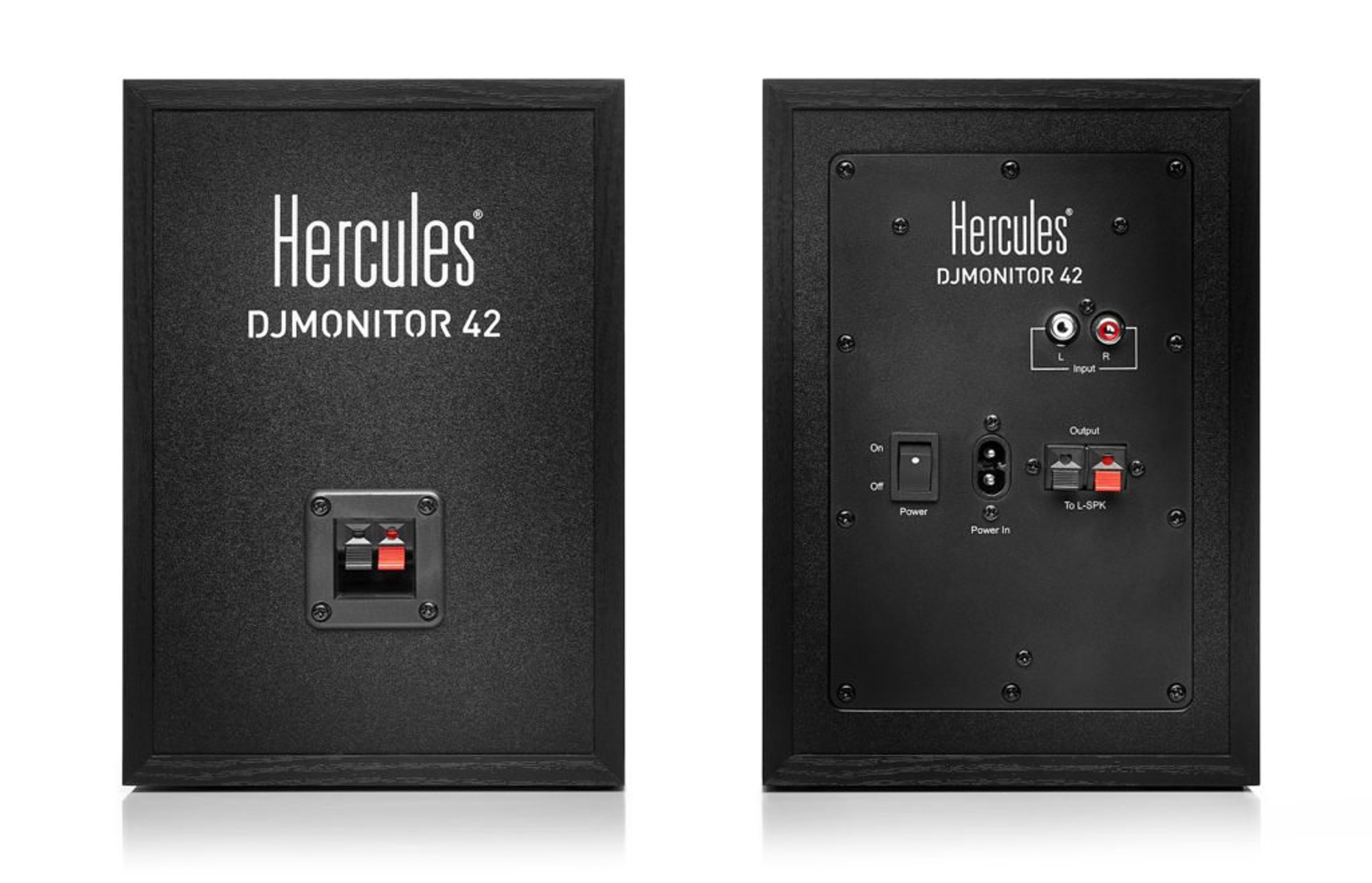 Vorder- und Rückseite eines Hercules DJ-Monitors. Schwarz mit Hercules DJ MONITOR 42.