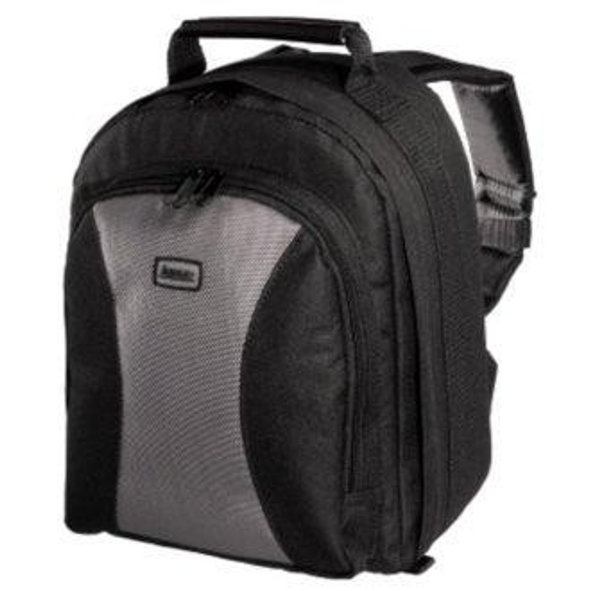 Schwarzer und grauer Rucksack mit Griff und zwei Riemen auf weißem Hintergrund.