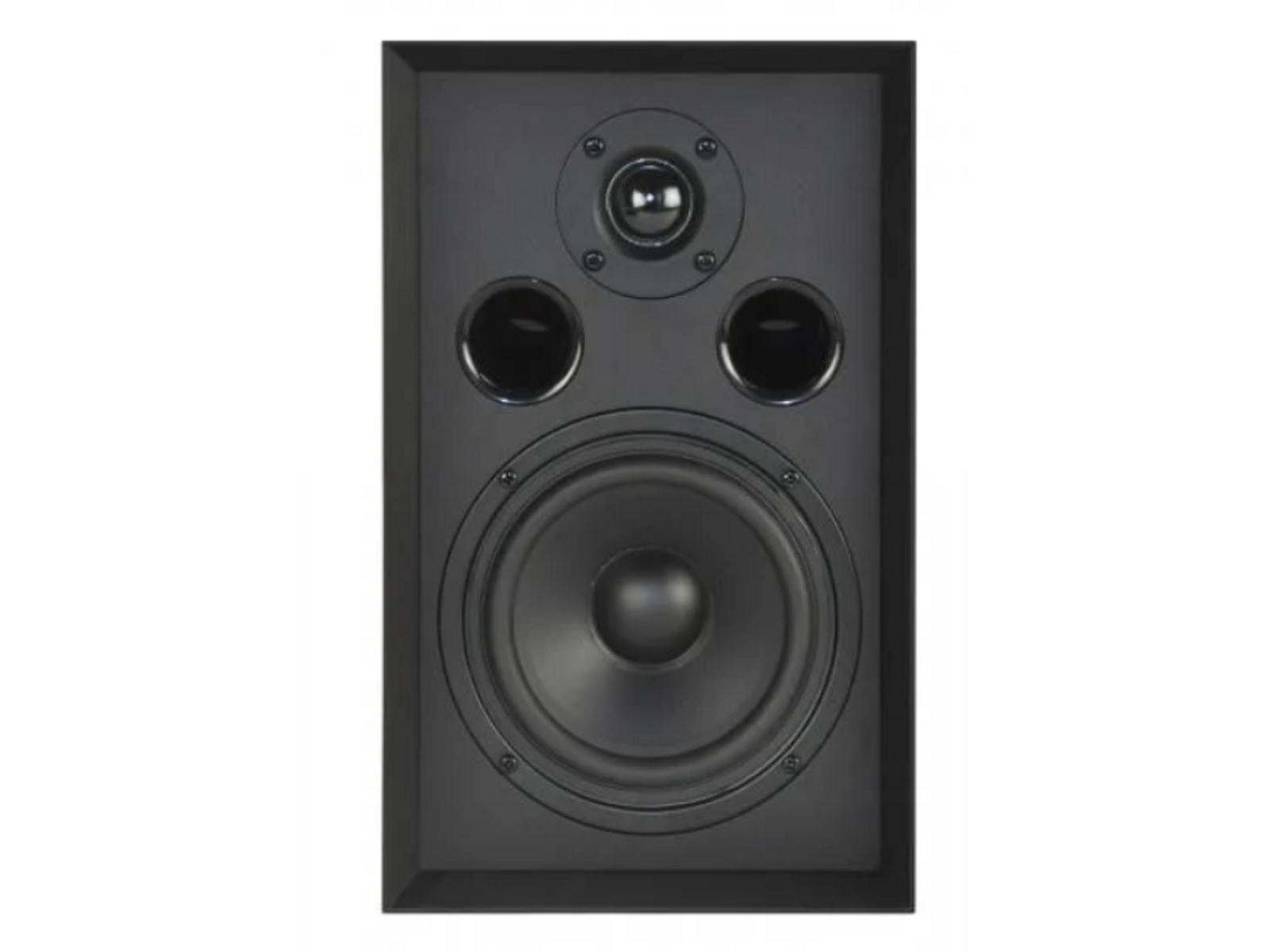 Altavoz negro con tres elementos circulares. Aislado sobre un fondo oscuro.