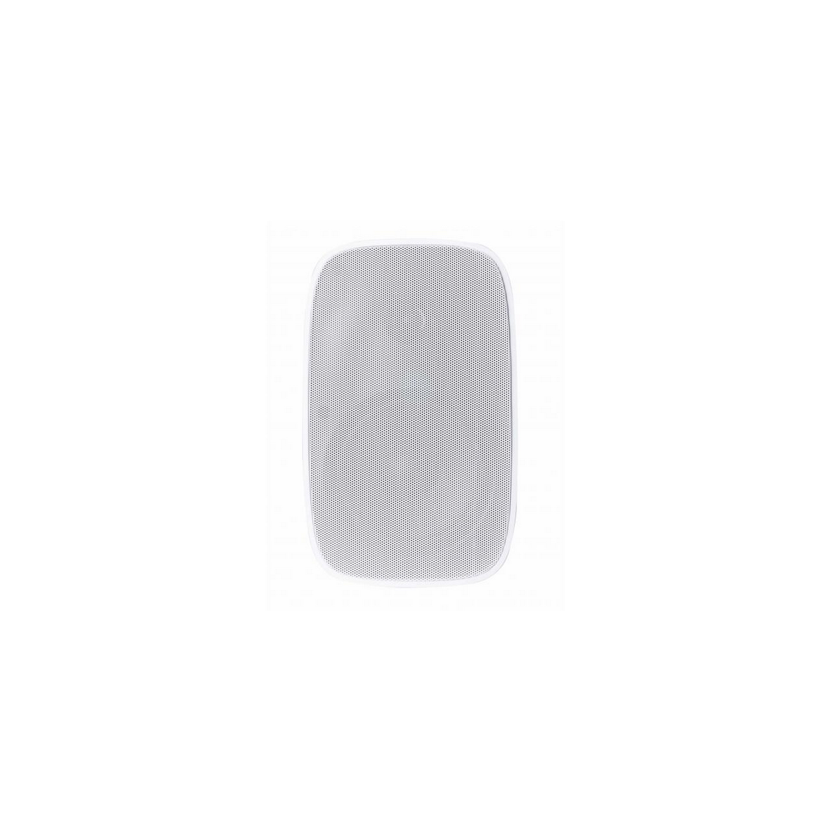 Altavoz rectangular blanco con superficie perforada, fondo blanco.