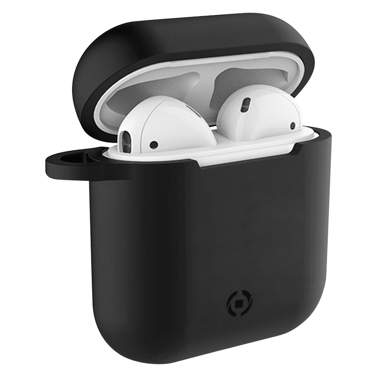 Custodia nera per AirPods aperta. Interno bianco, esterno nero. Sfondo bianco.